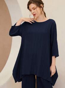 Mulvari Solid Asymmetrical Hem Top & Wide Leg Pants 2 Piece Set - Navy Blue - View 3