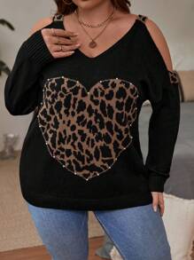 SHEIN LUNE 大碼豹紋&愛心圖案挖肩套頭毛衣 - 黑色 - 查看 1