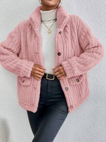 SHEIN Frenchy Drop Shoulder Flap Detail Teddy Jacket - Pink - View 6