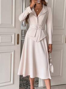 Firerie Peak Collar Buckle Belted Blazer & Flare Skirt In Fall/Winter - Apricot - View 5