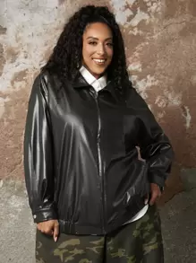 SHEIN CURVE+ Plus Solid Zip Up Drop Shoulder PU Coat - Black - View 1