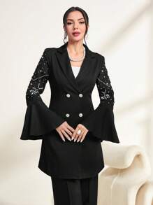Modelyn Rhinestone Detail Flounce Sleeve Double Breasted Blazer Fall Cloth For Women - Black - View 1