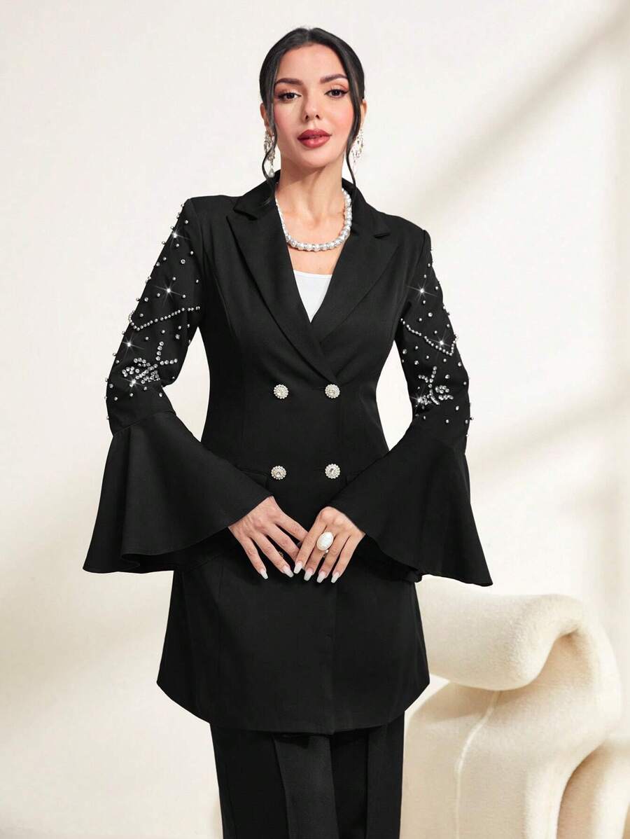 Modelyn Rhinestone Detail Flounce Sleeve Double Breasted Blazer Fall Cloth For Women - Black - View 1