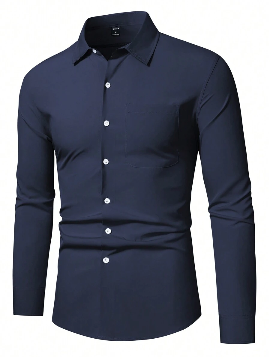 Manfinity Mode 男士口袋貼布前排扣襯衫 - 藏蓝色 - 查看 1