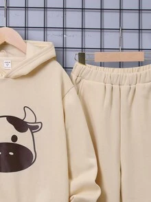 SHEIN Tween Boy Cow Print Hoodie & Two Tone Sweatpants - Apricot - View 3