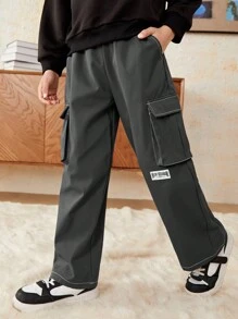 SHEIN Tween Boy Letter Graphic Flap Pocket Side Cargo Pants - Grey - View 5