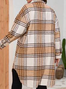 Plus Plaid Print Drop Shoulder Flap Pocket Coat - Khaki - View 2