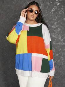 SHEIN CURVE+ Hơn Khối màu Thả vai Áo len - Nhiều màu - Xem 4