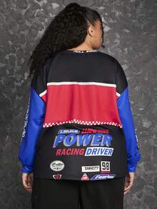 SHEIN CURVE+ 大碼字母圖案撞色落肩袖運動衫 - 彩色 - 查看 2