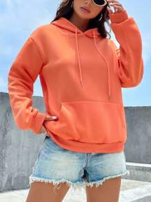 INAWLY Kangaroo Pocket Drop Shoulder Drawstring Hoodie,Long Sleeve Tops - Orange - View 4