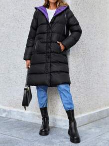 SHEIN Cottnline Two Tone Zip Up Hooded Puffer Coat - Black - View 3