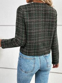 SHEIN LUNE Plaid Pattern Flap Detail Tweed Overcoat - Dark Green - View 2