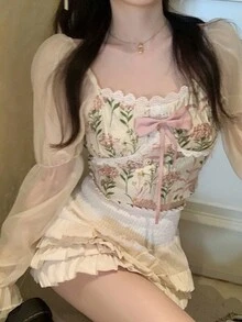 歐根紗拼接長袖襯衫(不可拆卸蝴蝶結,隨機印花) - 杏色 - 查看 3