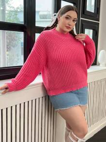 SHEIN Qutie Plus Drop Shoulder Solid Sweater - Hot Pink - View 1