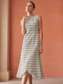 MOTF PREMIUM 粗花呢毛邊洋裝 - 黑與白 - 查看 8