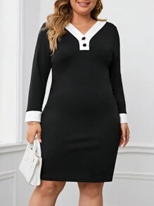 EMERY ROSE 大碼拼接邊紐扣細節緊身洋裝 - 黑與白 - 查看 3