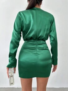 EURMUSE Surplice Neck Wrap Hem Satin Dress - Green - View 2