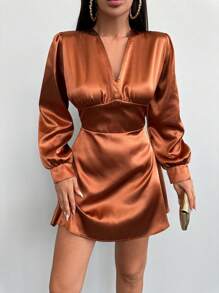 SHEIN Cottnline Solid V Neck Satin Dress - Camel - View 1