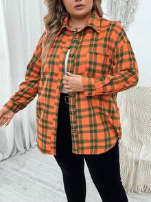 SHEIN CURVE+ 大碼格紋印花落肩袖襯衫 - 橘色 - 查看 4