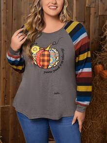 EMERY ROSE Talla grande Camiseta calabaza & con estampado de slogan de manga raglán - Multicolor - Ver 3
