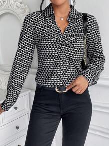 SHEIN Frenchy Allover Print Twist Front Blouse - Black - View 1