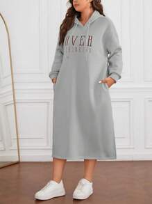 SHEIN Essnce Plus Letter Graphic Split Hem Drawstring Hooded Dress Graduation,Back To School Outfits,Graduation,Teacher Outfits For Women,Back To School Winter Fall Autumn - Light Grey - View 4