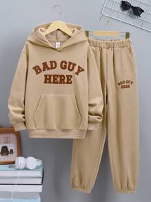 SHEIN 2pcs Tween Boy Casual Letter Print Hoodie Top & Solid Color Bottoms Knit Tracksuit Set, Fleece Thickened - Khaki - View 1