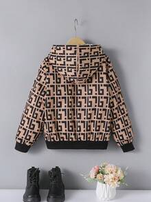 SHEIN 女大童滿版印花毛絨內襯連帽加絨內裏夾克 - 棕色 - 查看 2