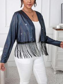 Calvaya Plus Fringe Hem Open Front Jacket Fall Cloth For Women - Black - View 5
