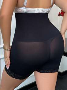 Plus Lace Trim High Waisted Shapewear Shorts - Black - View 2