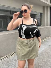 SHEIN Essnce Plus Graphic Pattern Cami Knit Top - Black and White - View 6