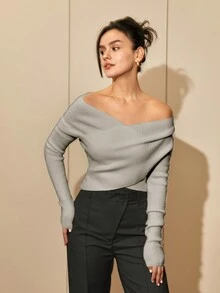 女式露肩长袖毛衣，性感露背上衣，春夏 - 灰色 - 查看 6