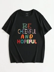 男士標語圖案T恤 - 黑色 - 查看 1