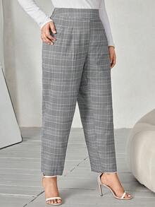 SHEIN Frenchy Plus Plaid Print Fold Pleated Pants - Black and White - View 5