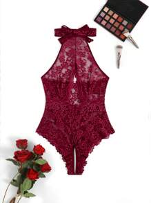 Floral Lace Scallop Trim Crotchless Teddy Bodysuit Lingerie - Burgundy - View 4
