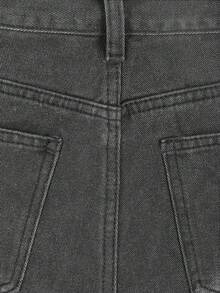 女式口袋破洞宽松直筒休闲牛仔裤 - 灰色 - 查看 5