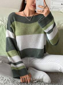 Flirla Plus Color Block Drop Shoulder Sweater - Green - View 5