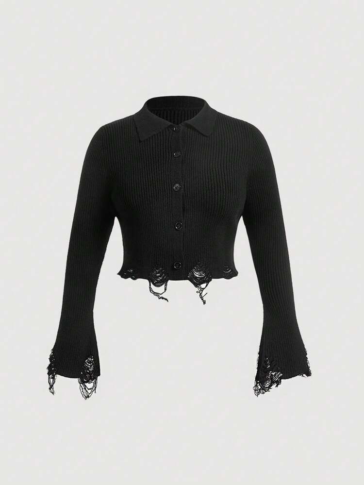 Plus Solid Distressed Hem Cardigan
