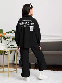 SHEIN 女大童標語圖案落肩袖襯衫&喇叭褲 - 黑色 - 查看 1