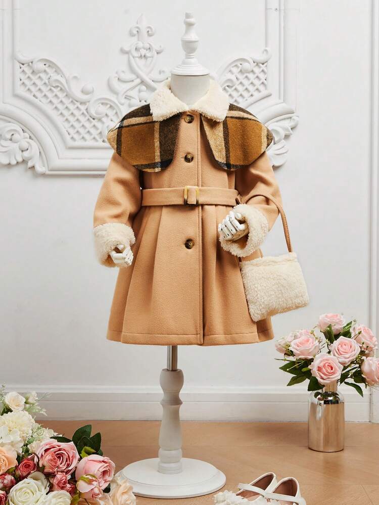 Young Girl 1pc Contrast Borg Collar Belted Overcoat & Bag