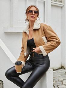 RELISH NOLESS Teddy Lined Zip Up Crop Jacket - Camel - View 1