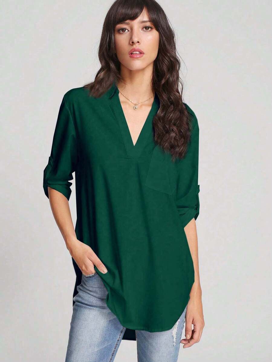 SHEIN Frenchy 捲邊袖弧形下擺襯衫 - 墨綠色 - 查看 1