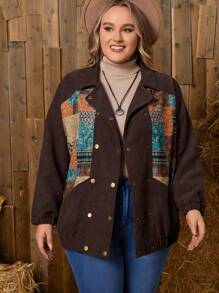 EMERY ROSE Plus Patchwork Print Drop Shoulder Corduroy Jacket - Brown - View 4