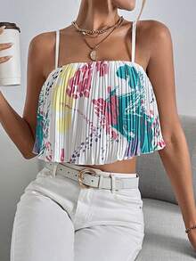 SHEIN Essnce 圖案印花百褶吊帶上衣 - 彩色 - 查看 4