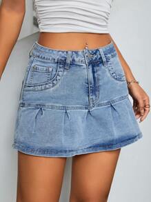 SHEIN ICON 荷葉邊牛仔半身裙 - 淺色水洗藍 - 查看 1