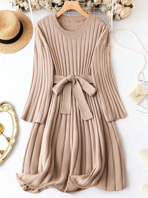 EMERY ROSE Plus Ribbed Knit Belted Sweater Dress
