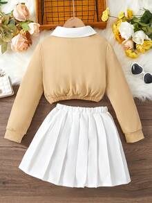 SHEIN 女大童字母圖案拼接領短款T恤&百褶半身裙 - 棕色 - 查看 2