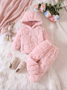Baby Girl Solid Teddy Hoodie & Pants - Baby Pink - View 1