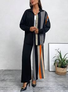 SHEIN LUNE Polka Dot Print Drop Shoulder Shirt & Wide Leg Pants - Multicolor - View 4