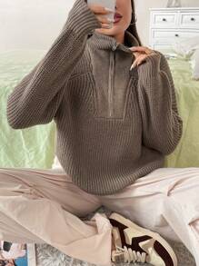 Flirla Plus Quarter Zip Raglan Sleeve Sweater Winter Fall Autumn - Camel - View 8